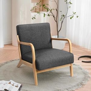 ALFORDSON Wooden Armchair with Linen Fabric Upholstery Cushion, High Back Accent Chair with Solid Wood Frame Wooden Armrest, Lounge Sofa for Reading Bedroom Living Room, 180KG Max(Dark Grey)