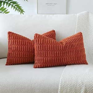 OTOSTAR Soft Striped Corduroy Decorative Throw Pillow Covers 12 x 20 Inch Pillow Covers Lumbar Cushion Case Couch Pillowcases for Sofa Bed Home Decor Pack of 2 (Rust)