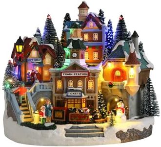 Bdor Christmas Lighted Village with Rotating Train – 12.2"x11"x11" Plug-in Holiday Decoration with Music – Festive LED Musical Christmas Town Centerpiece for Tabletop, Home, Gift Shop Display
