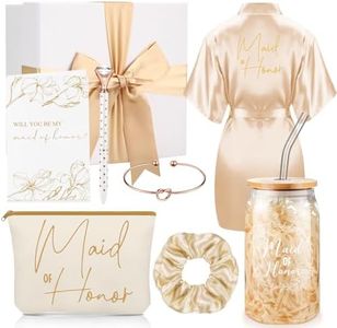 Irenare 8 Pcs Proposal Gifts Set Robes Makeup Bag Cup Cards Hair Tie Bracelet Diamond Pen Bridesmaid Gift Box, Champagne, about 5.2 x 3 inches, Maid of Honor