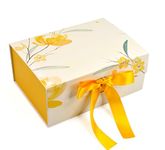 RBS® - Foldable Empty gift box (23 x 16 x 10 cm) Hold up to 3kg with Matching Satin Ribbon (1 Pack) Multipurpose Hamper Box For All Occasions Reuse Gift box for Packaging Print (Yellow Flower)