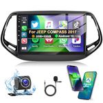 Podofo 2G+32G Car Stereo for Jeep Compass 2017 2018 2019 2020 with Wireless Carplay & Android Auto, 10.1" Touchscreen Car Radio with Bluetooth/GPS/WiFi/SWC/FM&RDS Radio+AHD Backup Camera+MIC