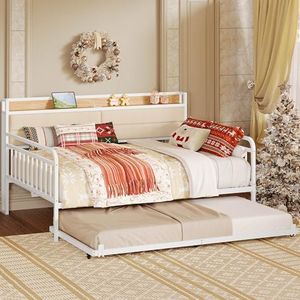 LIKIMIO Daybed with Trundle, Sturdy Metal Full Size Bed Frame with Twin Trundle, Upholstered Headboard and Charging Station for Living Room, Bedroom and Guest Room, White