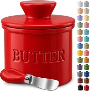 Priority Chef Large Butter Crock with Lid with Water Line, Ceramic French Butter Dish to Leave On Counter, Red