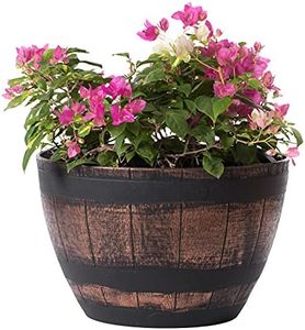 Brown Outdoor Rustic Half Barrel Flower Garden Planter Bowl, Plastic, Large