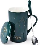 Bruntmor Ceramic Coffee Mug with Constellation Design - Zodiac Sign Mug with Lid, Horoscope Coffee, Tea Cup - Comes in a Box & Spoon - Unique Birthday Astrology Lovers Gifts for Men and Women - Aries