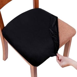 Smiry Velvet Seat Covers for Dining Room Chair Set of 8, Stretch Fit Removable Washable Chair Seat Cushion Protector Slipcovers with Ties, Black