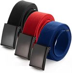 Mile High Life Cut To Fit Canvas Web Belt Size Up to 52" with Flip-Top Solid Black Military Buckle (3 Pack Black/Red/Blue)