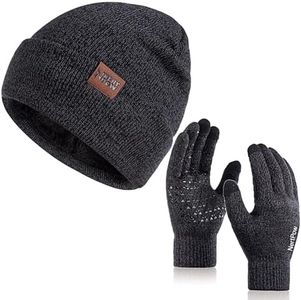 Winter 1-3 PCS Beanie Hat Gloves Scarf For Men And Women, Knit Thick Fleece Lined Warm Touchscreen Gloves Beanie Infitiny Scarf Set (Gloves&Beanie Black Dark Gray)