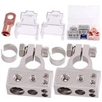 Rustark 1 Pair Battery Terminal Connectors Kit 0/4/8/10 AWG Gauge Positive and Negative with 2 Clear Covers and Shims for Car Auto Caravan Marine Boat (Silver