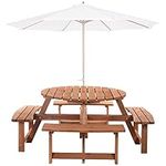 Outsunny Wooden Patio Dining Set for 8 Persons, Outdoor Table and Chairs Set with 4 Double Bench & Round Picnic Table, Φ70.1" x 27.6" H (Φ178x 70 cm), Brown