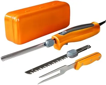 Crudetea Electric Knife, Electric Carving Knife Set with Two Serrated Stainless Steel Blades, Carving Fork, with Non Slip Handle, Safety Lock and Storage Case for Meat, Bread Fish,Other and Foods.
