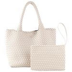 Woven Tote Bag for Women with Small Handmade Purse, Large Braided Top-Handle Bags Vegan Leather Shoulderbag (Beige)