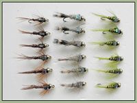 18 Barbless Goldhead Nymph Trout Flies, Flash Head Hares Ear, Pheasant Tail and Olives - Choice of sizes (Mixed)