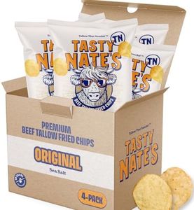 Tasty Nate’s Beef Tallow Potato Chips Original Sea Salt Kettle Chips Made with 100% Beef Tallow Seed Oil Free - Gluten Free Healthy Snacks Paleo Friendly 7oz Bag - Pack of 4