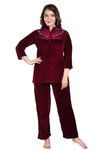 LRT Women's Velvet Embroidery Night Suit to Be Wear in Winters Top and Pyjama Set (Wine-XL)