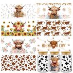 Luvart Rub on Transfers Stickers - 8 Sheets Highland Cow UV DTF Cup Wraps for 16 oz Flower UV DTF Cup Wrap Waterproof Cute Animal UV DTF Transfer Sticker Decals for Glass Cups Scrapbook DIY Crafts