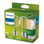 PHILIPS LED Ultra Efficient Light Bulb 2 Pack A Label Energy Rating [White 3000K - E27 Edison Screw] 60W A60 Clear. for Home Lighting., 929003066791