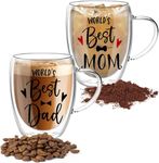 Buumin Couple Glass Coffee Mugs 12oz Clear Glass Coffee Cups with Handles - Set of 2 Double Wall Insulated Coffee Mug Tea Latte Espresso Cups, Anniversary Birthday Gifts for Mom Dad Parents