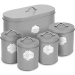 HEFTMAN Grey Kitchen Canister Set - Stylish 5 Piece Kitchen Storage Canister Set for Bread, Biscuits, Sugar Coffee Tea Storage Set Airtight, Labelled Containers Grey Kitchen Accessories (5 PCS)