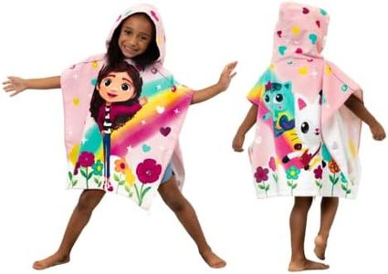 Franco DreamWorks Gabby's Dollhouse Kids Beach/Pool/Bath/Camping Hooded Towel Poncho 24" X 22", Absorbent Cotton Cover up, (Official DreamWorks Product)