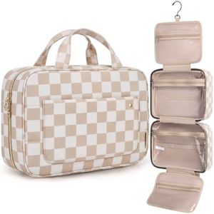 BAGSMART Toiletry Bag Travel Bag with Hanging Hook, Water-resistant Makeup Cosmetic Bag Travel Organizer for Accessories, Shampoo, Full-size Container, Toiletries (Khaki Checkerboard, Large)