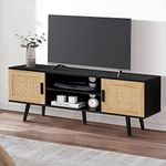 FIONESO Rattan TV Stand for 55 Inch TV, Entertainment Center with 2 Cabinets & Adjustable Shelf, Rattan TV Console, Media Console for Living Room, Black+Natural