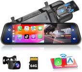 Podofo Mirror Dash Cam with Wireless Apple Carplay, Android Car with HD Rear View Camera, 9.66 Inch IPS Touchscreen Dual 1080P Rear View Mirror, Dash Cam Car, 2 Split Screens, Bluetooth