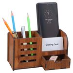 GENIYO Pen Stand With Drawer, Business Visiting Card & Mobile Holder | Multipurpose Wooden Desk Organizer Pen And Pencil Holder Stand For Office Desk And Study Table. (3 In 1 With Drawer)