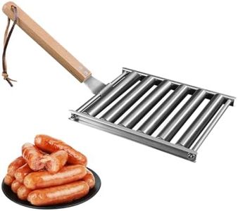 VANEME Hot Dog Roller, Stainless Steel Rolling Sausage & Meatball Grill Rack with Long Wood Handle - 5 Hot Dog Capacity for Evenly Cooked Hot Dogs - Essential BBQ Tool for Outdoor Grilling (Small)