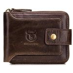 BULLCAPTAIN Genuine Leather RFID Wallet for Men Large Capacity ID Window Card Case with Zip Coin Pocket QB-231, Coffee, Small, Minimalist