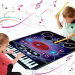 QShark 2 in 1 Music Learning Toys, Electronic Drum Set + Piano Mat | Record & Playback, Built-in Songs, 8 Instrument Sounds, 24 Keys, Christmas Birthday Gifts for Toddler Kid Boy Girl 3 4 5 6 7 8