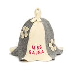 Natural Textile Sauna Hat 'Miss Sauna Flowers' White/Grey - 100% Organic Wool Felt Hats for Russian Banya - Protect Your Head From Heat - Sauna eBook Guide Included - With Embroidery