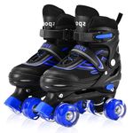 LOKJIJI Kids Roller Skates for Girls Boys Children Beginners, Adjustable 4 Sizes Quad Roller Skates for Kids and Youth with Light Up Wheels for Sports, Black & Blue (Large - UK 4-7)