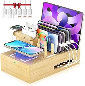 Bamboo Charging Station for Multiple Devices - Darfoo Docking Station Organizer, 1 Qi-Certified Fast Wireless Charger, and 7 USB Charging Ports Compatible with Cellphone, Smart Watch, Earbuds, Tablet