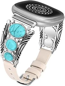 Minyee Leather Band Compatible with Fitbit Versa 4/Versa 3/Sense 2/Sense Band Women, Western Turquoise Boho Vintage Cowboy Retro Jewelry Adjustable Slim Replacement Wristband Strap for Versa 4/ Sense