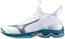 Mizuno Unisex-Adult Wave Lightning Neo 2 Volleyball Shoe, White-Moroccan Blue, 8.5 Wide Women/7 Men