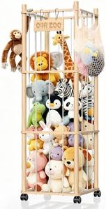 Belveora Stuffed Animal Storage Organizer, Wooden Plushies Toy Zoo Holder with Wheels, Large Capacity Storage Tower for Playroom & Bedroom, Nursery, Kids Room Organization