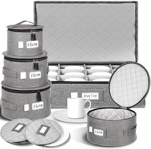 LUXULA China Storage Containers for 12 Place Setting with Two Plate Bags, 5 Pcs Hard Shell Quilted China Storage Cases for Dinner Plates, Salad Plates, Dessert Plates, Saucers, Cups & Mug Storage