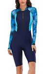 FEOYA Women One Piece Swimsuit, Long Sleeve Surfing Swimwear with Front Zip, Floral Print Athletic Swimwear Boyshort Blu M