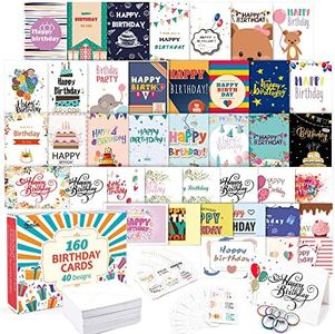feela Birthday Cards Bulk, 160 Pack 40 Designs Happy Birthday Card Assortment Box with 160 Blank Envelopes 168 Pieces of Stickers 6 Washi Tapes, 4 X 6 Inches Greeting Cards For Girls Family Friends