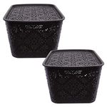 Cutting EDGE Unbreakable Plastic Turkish Baskets Large with Lid for Storage Baskets For Fruit Vegetable Bathroom Stationary Home Basket with Handle Set of 2 (42.4X32.2X23.3 cm, Brown)