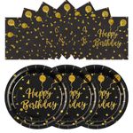 EVYIENEN Black and Gold Birthday Dinner Plates and Napkins Party Supplies, 25 x 9"" Gold Foil Balloon Decorated Dessert Plates and 25 x 6.5"" Napkins for Birthday Party Decorations (black, 9inch)