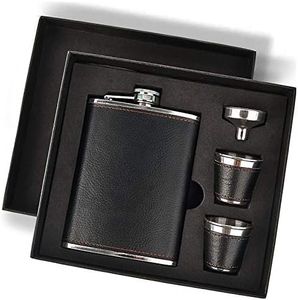 Hip Flask Gift Set, Hip Flasks for Liquor for Men with Black Leather Cover, 8 Oz Hip Flask Set, 18/8 Stainless Steel Hip Flasks for Liquor with 2 Cups & Funnel, Flasks for Liquor for Men Gift Box