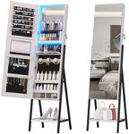 jajov 47.2" LED Jewelry Cabinet Armoire, Standing Mirror with Jewelry Storage, Jewelry Organizer Armoire with Full Length Mirror, Lockable Jewelry Mirror Cabinet (White)