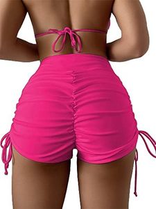 HYTENSUN Women's High Waisted V Cut Swim Shorts Ruched Board Shorts Tie Side Swimsuit Bottoms Rose Red