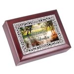 Retirement Wooded Pond Scene Ornate Rosewood Jewelry Music Box Plays Wonderful World by Elanze Designs