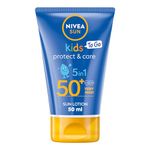 NIVEA SUN Kids Protect and Care SPF 50+ To Go Lotion (50ml), Water-Resistant Sunscreen, Kid's Sun Cream Provides Highly Effective UVB and 5 Star UVA Protection