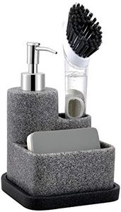 ZCCZ Black Soap Dispenser with Sponge Holder, Kitchen Soap Dispenser Pump, Sponge Caddy and Brush Holder 3 in 1 Set Organizer for Sink Countertop, Removable Tray, Marble Look (Brush NOT Included)