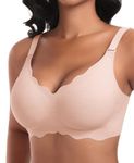 Ganado Wireless V Neck Bras for Women Scalloped No Underwire Bras Padded T-Shirt Bra Support Bralette with Extra Bra Extender (Pink, Large)